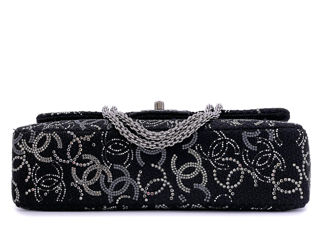 Chanel Jumbo Classic Single Flap Bag in Black Tweed with Strass Crystal CC and Silver-Tone Hardware