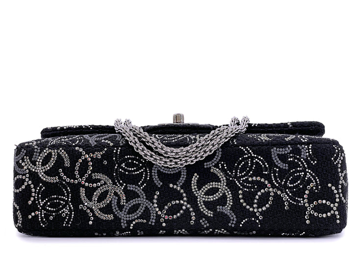 Chanel Jumbo Classic Single Flap Bag in Black Tweed with Strass Crystal CC and Silver-Tone Hardware