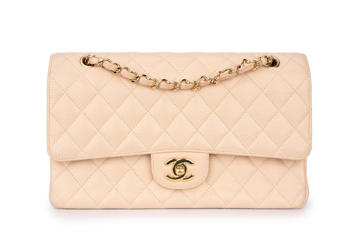 Chanel Classic Medium Double Flap Bag in Beige Caviar Leather with Light Gold Hardware