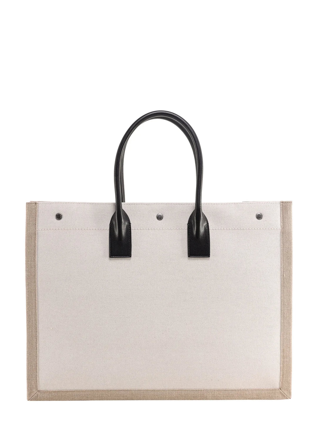 Saint Laurent Rive Gauche Tote Bag in Ecru Canvas with Beige Trim and Black Leather Handles - Gemaee  UAE