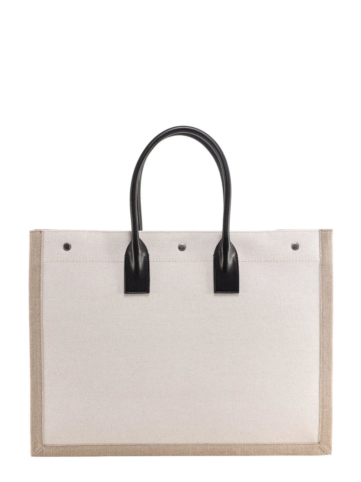 Saint Laurent Rive Gauche Tote Bag in Ecru Canvas with Beige Trim and Black Leather Handles - Gemaee  UAE
