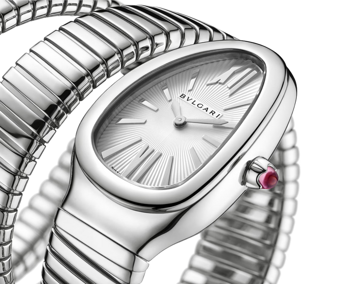 Bulgari Serpenti Tubogas 35 mm Double Spiral Watch in Stainless Steel with Silver Opaline Dial - Gemaee  UAE