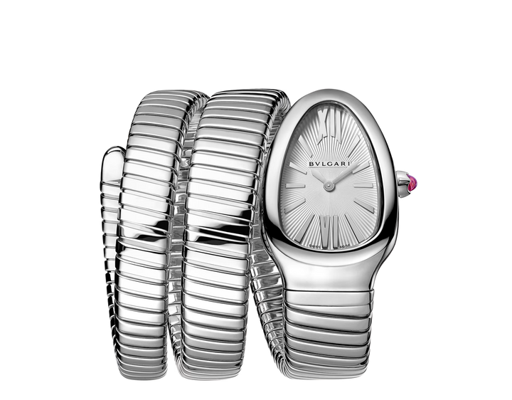 Bulgari Serpenti Tubogas 35 mm Double Spiral Watch in Stainless Steel with Silver Opaline Dial - Gemaee  UAE