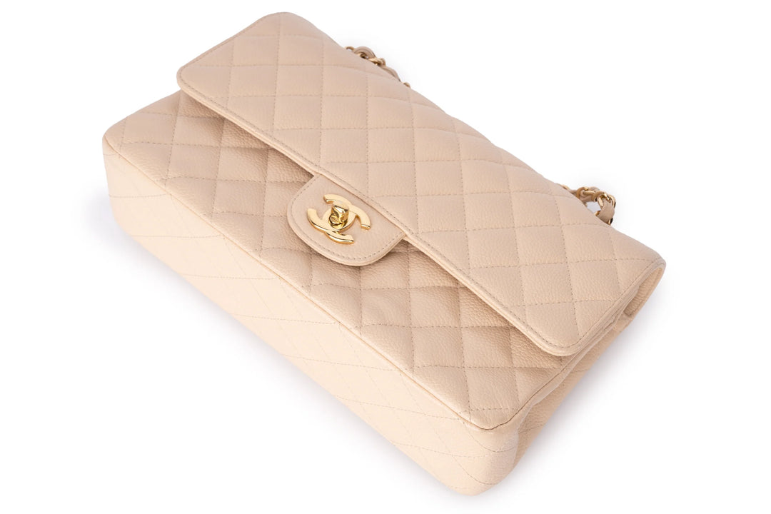Chanel Classic Medium Double Flap Bag in Beige Caviar Leather with Light Gold Hardware