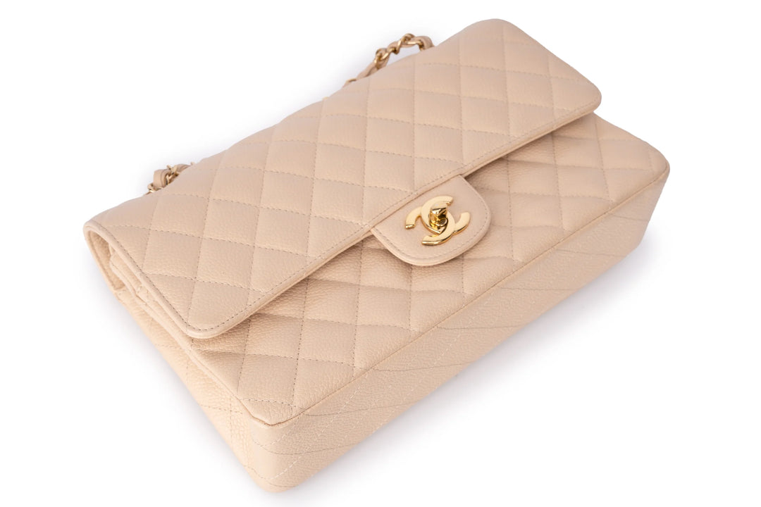 Chanel Classic Medium Double Flap Bag in Beige Caviar Leather with Light Gold Hardware