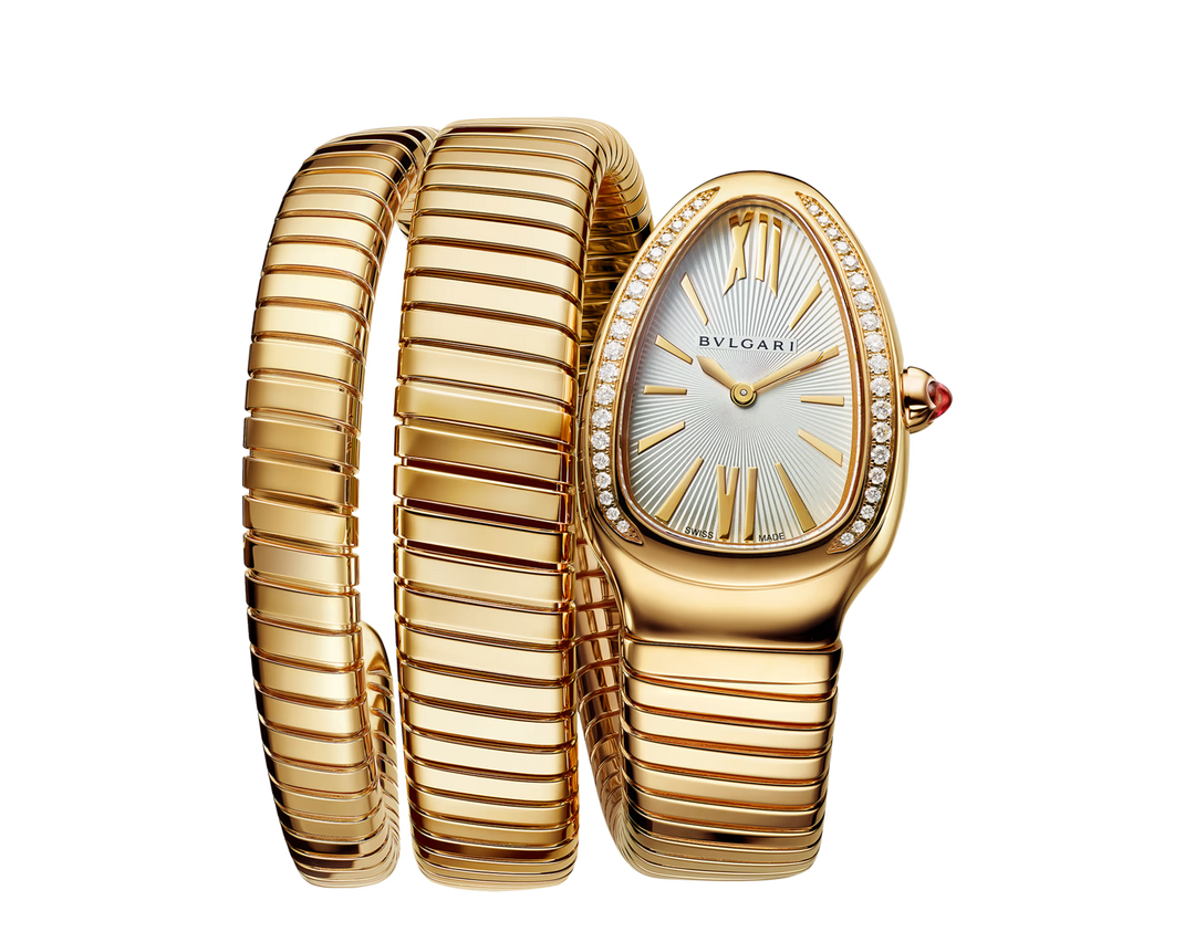 Bulgari Serpenti Tubogas 35mm 18K Yellow Gold Silver Opaline Dial Diamond Bezel Double Spiral Bracelet Watch - Gemaee  UAE