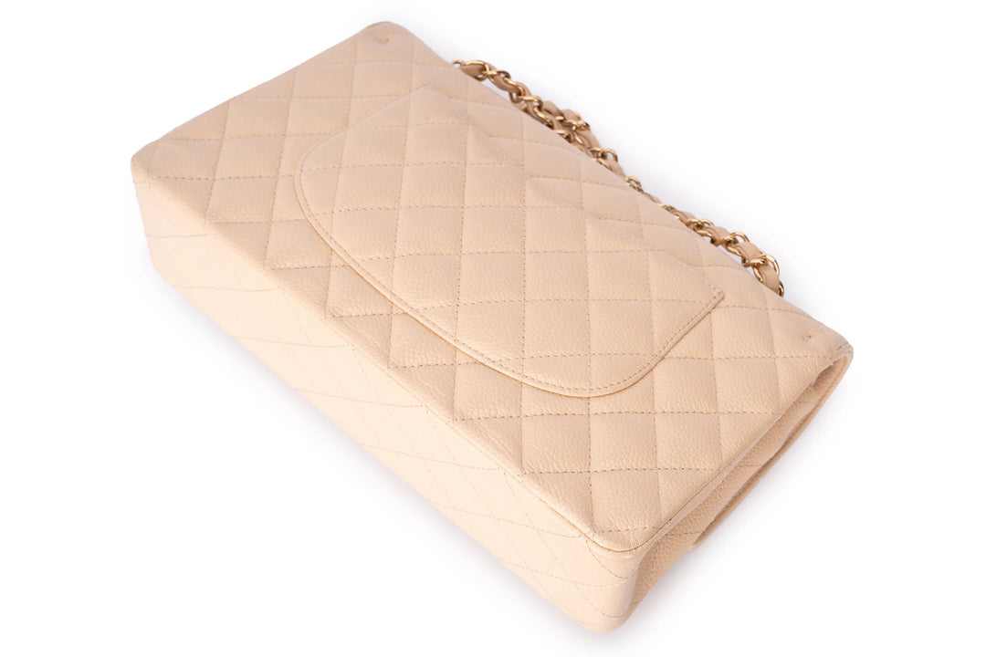 Chanel Classic Medium Double Flap Bag in Beige Caviar Leather with Light Gold Hardware