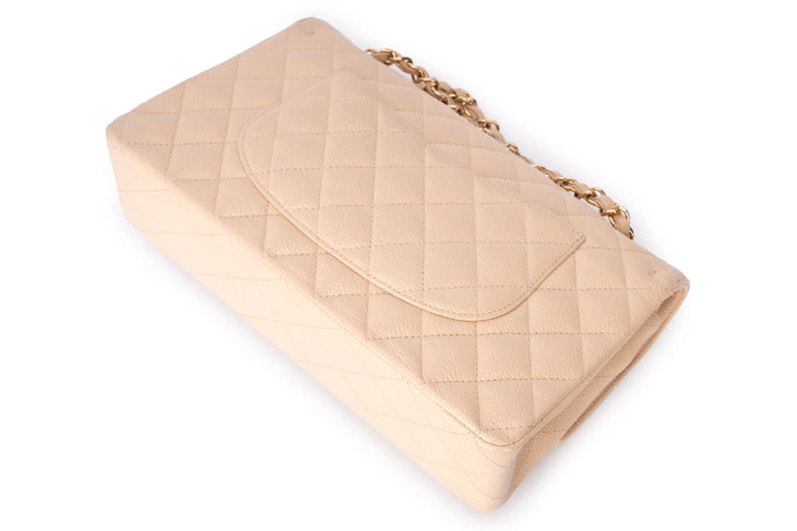 Chanel Classic Medium Double Flap Bag in Beige Caviar Leather with Light Gold Hardware