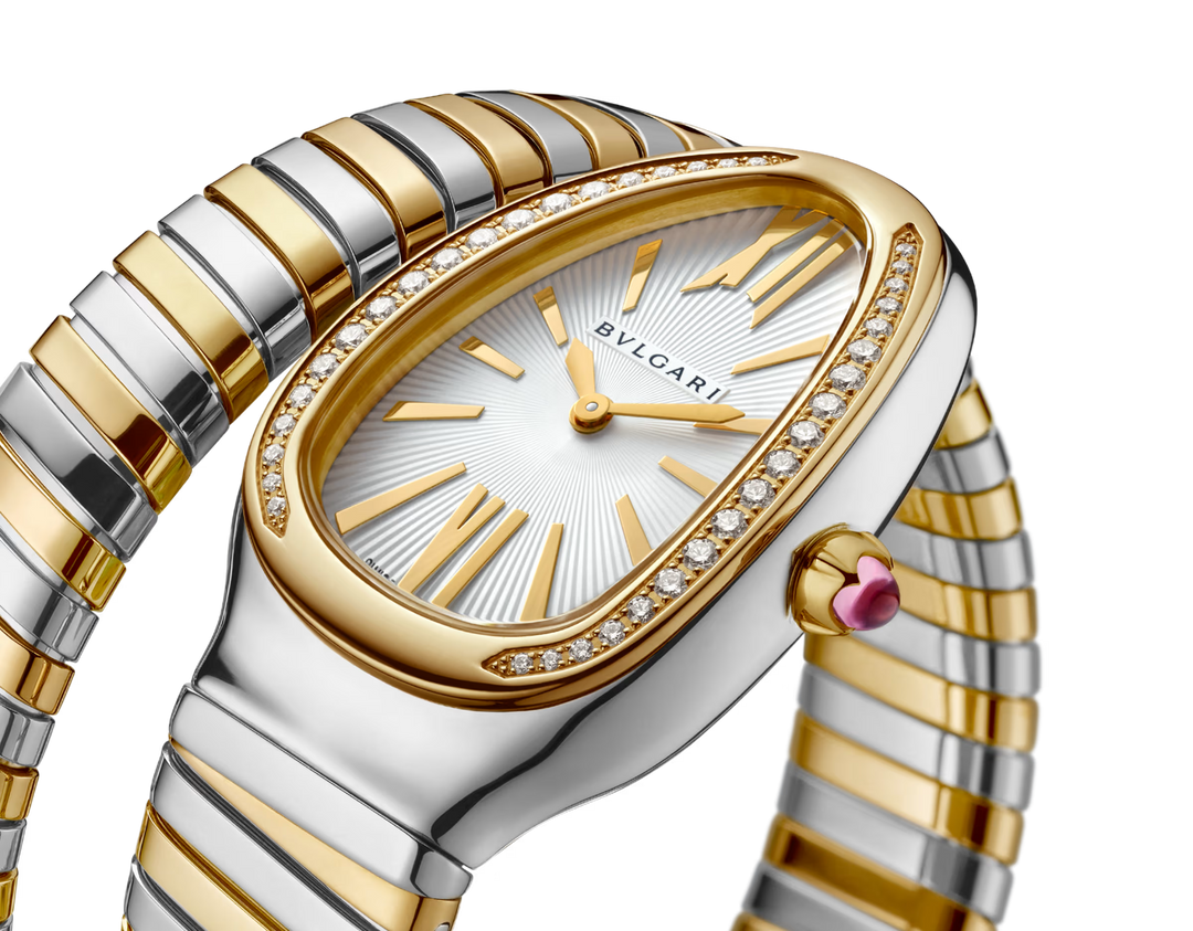 Bulgari Serpenti Tubogas 35 mm Women’s Watch in Stainless Steel and 18 kt Yellow Gold with Diamond Bezel and White Dial - Gemaee  UAE