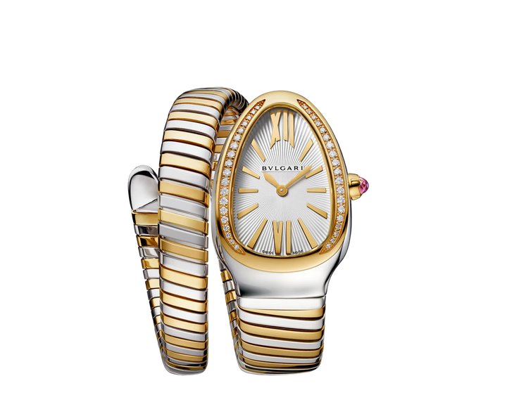 Bulgari Serpenti Tubogas 35 mm Women’s Watch in Stainless Steel and 18 kt Yellow Gold with Diamond Bezel and White Dial - Gemaee  UAE