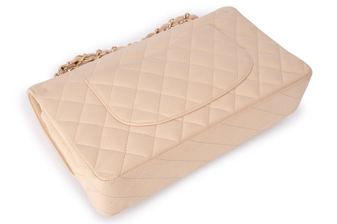 Chanel Classic Medium Double Flap Bag in Beige Caviar Leather with Light Gold Hardware