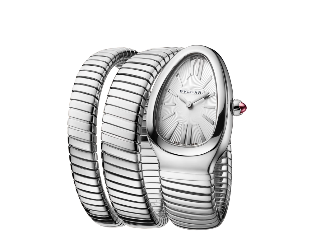 Bulgari Serpenti Tubogas 35 mm Double Spiral Watch in Stainless Steel with Silver Opaline Dial - Gemaee  UAE
