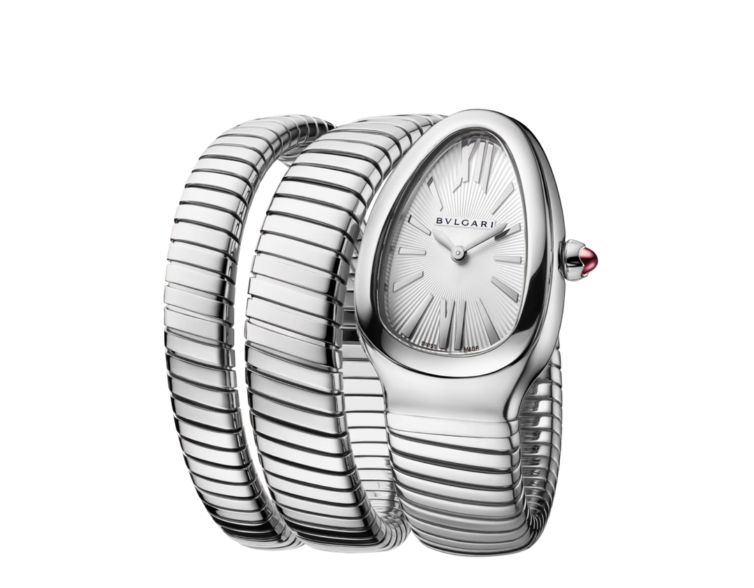 Bulgari Serpenti Tubogas 35 mm Double Spiral Watch in Stainless Steel with Silver Opaline Dial - Gemaee  UAE