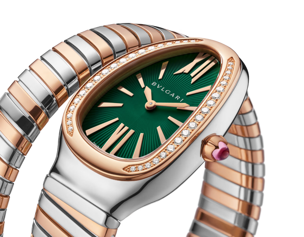 Bulgari Serpenti Tubogas 35 mm Watch in Rose Gold and Stainless Steel with Diamond Accents and Green Dial - Gemaee  UAE