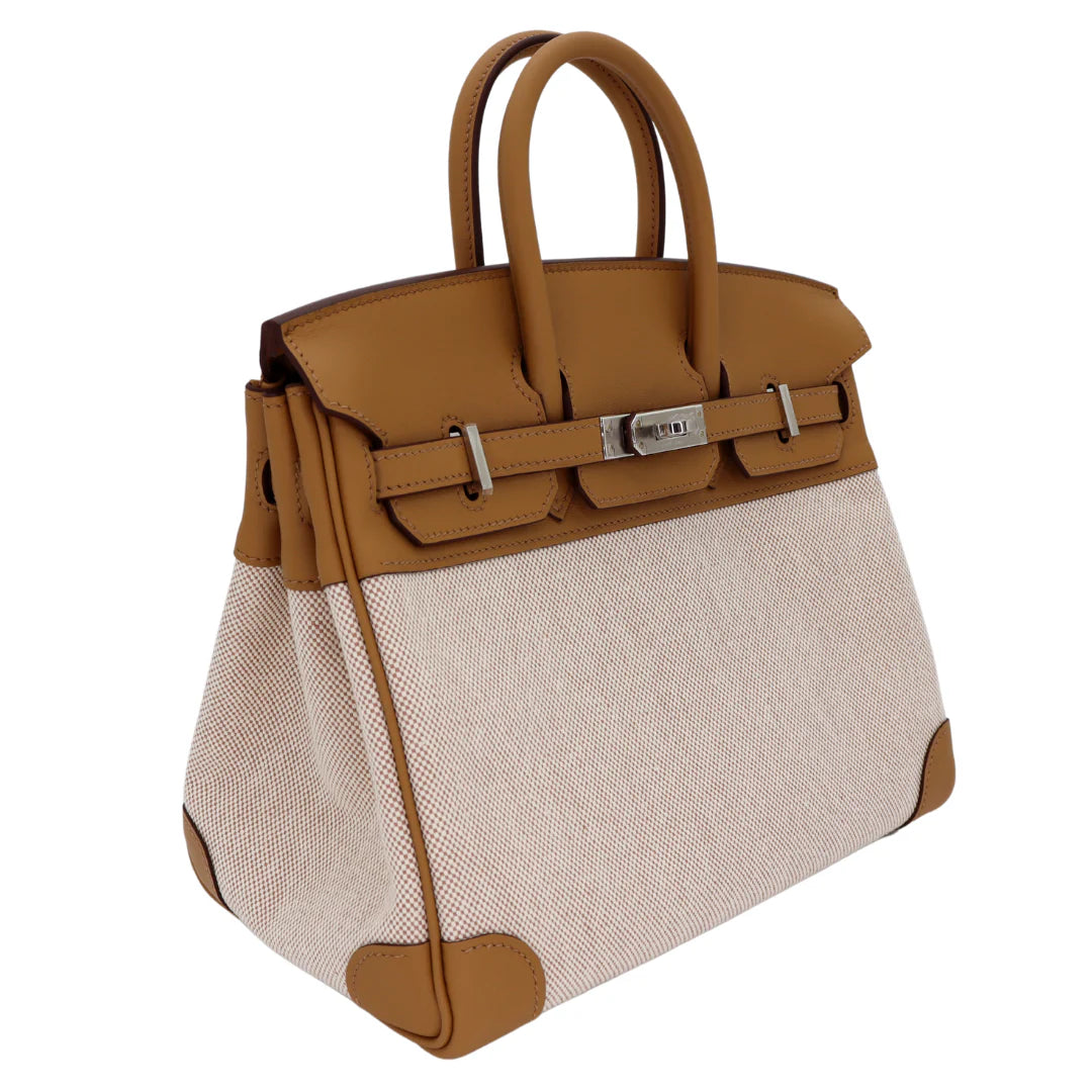 Hermès Birkin 25 in Biscuit Toile H and Swift Leather with Palladium Hardware Handbag