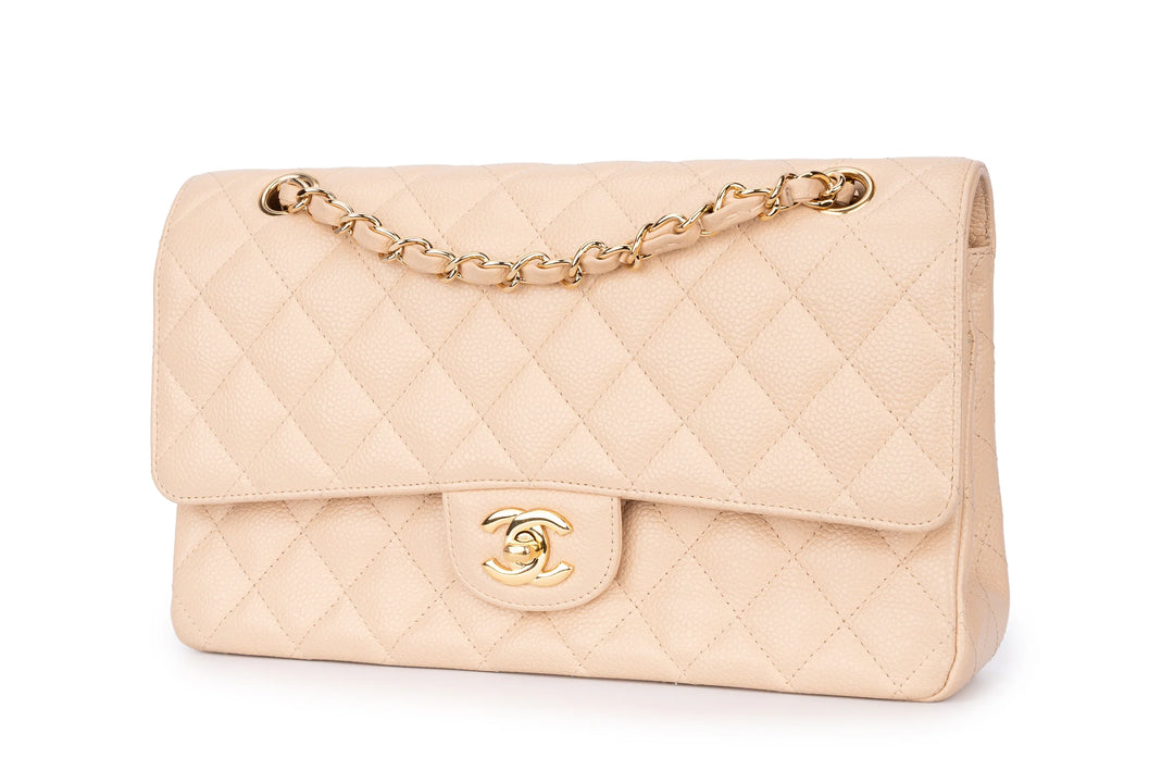 Chanel Classic Medium Double Flap Bag in Beige Caviar Leather with Light Gold Hardware
