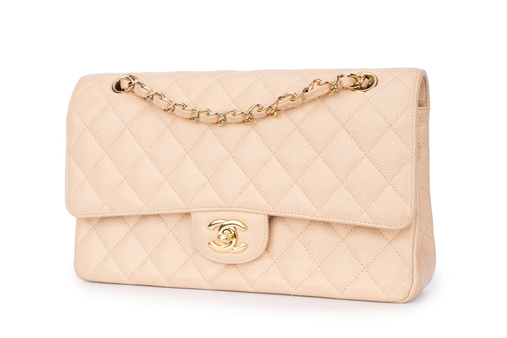 Chanel Classic Medium Double Flap Bag in Beige Caviar Leather with Light Gold Hardware