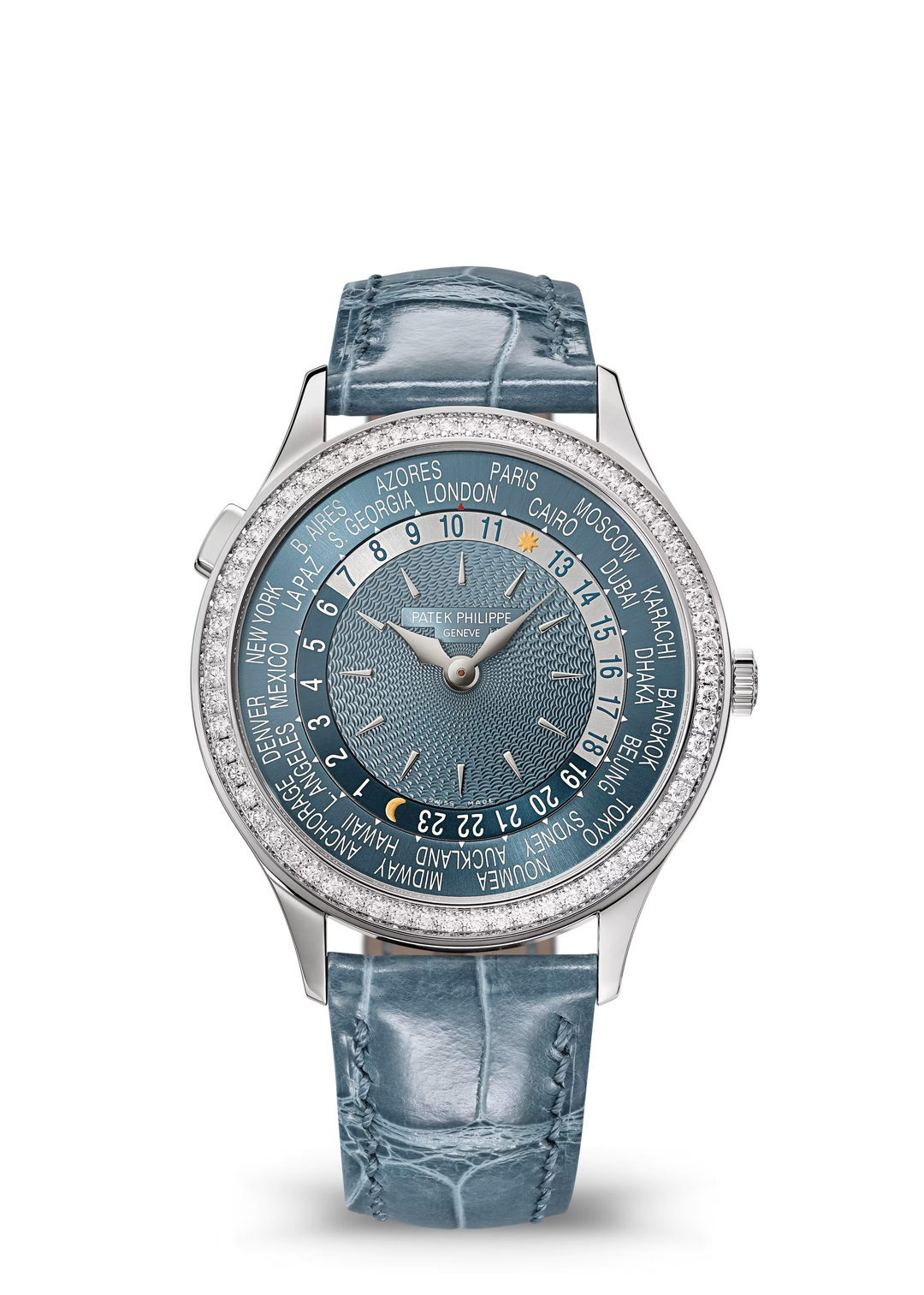 Patek Philippe Complications World Time 36 mm in White Gold with Blue-Gray Guilloché Dial and Diamond Bezel - Gemaee  UAE