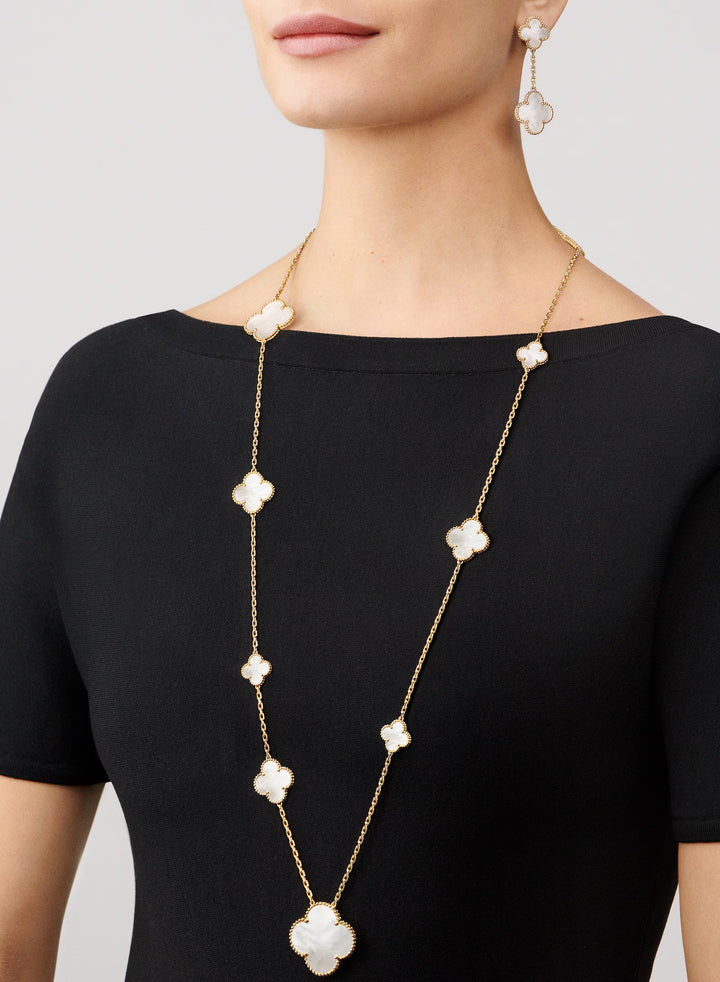 Van Cleef & Arpels Magic Alhambra Long Necklace 11 Motifs in 18K Yellow Gold with Mother-of-Pearl - Gemaee  UAE