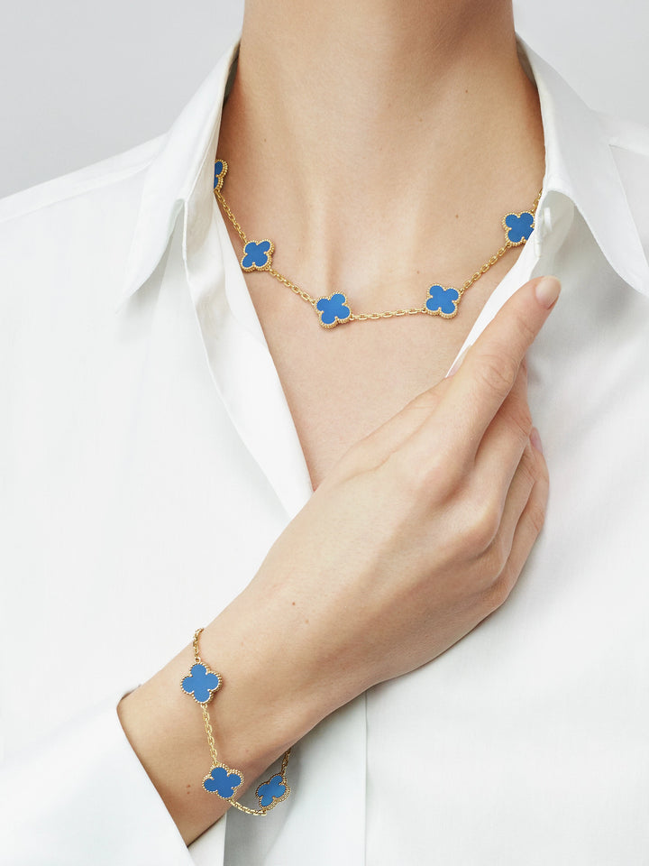 Van Cleef & Arpels Vintage Alhambra Bracelet 5 Motifs in 18K Yellow Gold with Blue Agate