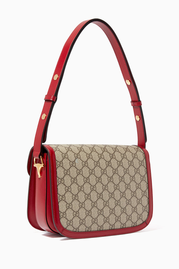 Gucci Horsebit 1955 Medium Shoulder Bag in Beige and Red GG Supreme Canvas with Leather Trim - Gemaee  UAE