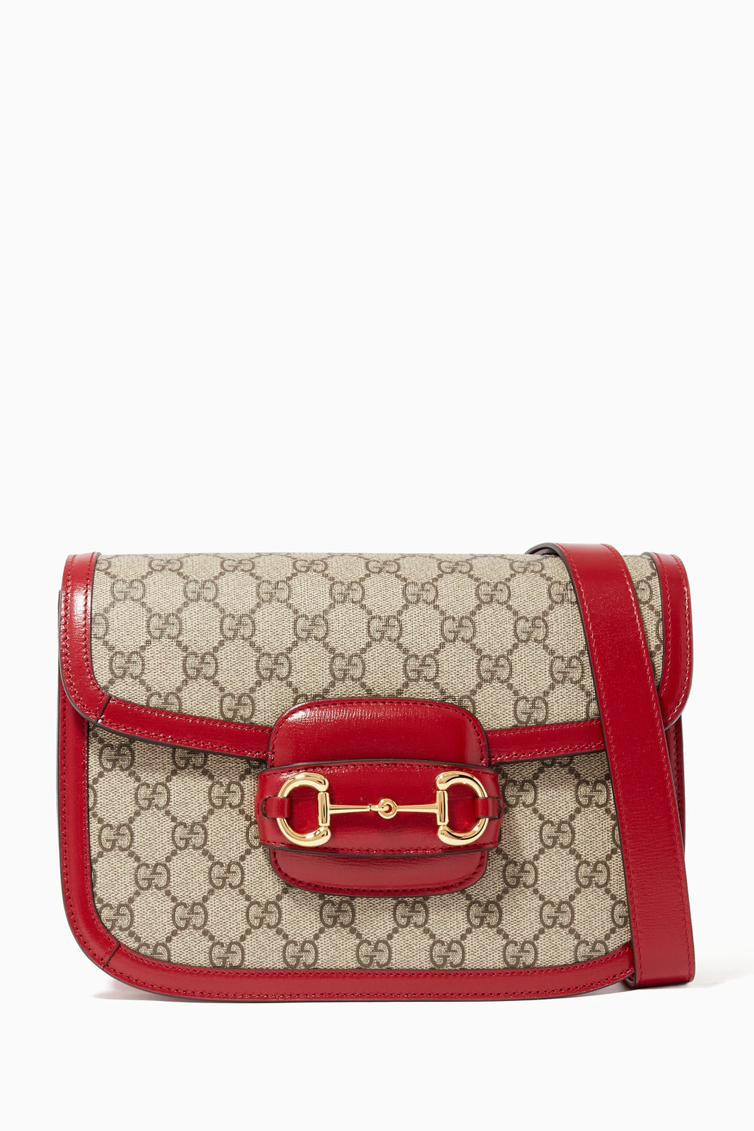 Gucci Horsebit 1955 Medium Shoulder Bag in Beige and Red GG Supreme Canvas with Leather Trim - Gemaee  UAE