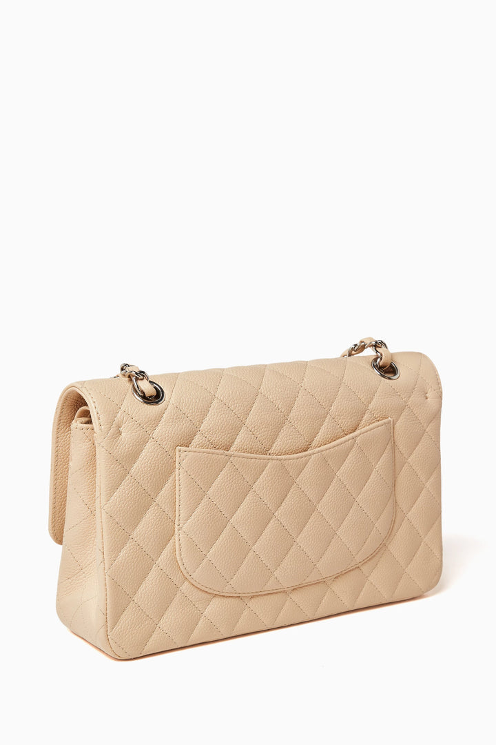 Chanel Classic Double Flap Medium Beige Caviar Leather Bag with Silver Hardware - Gemaee  UAE
