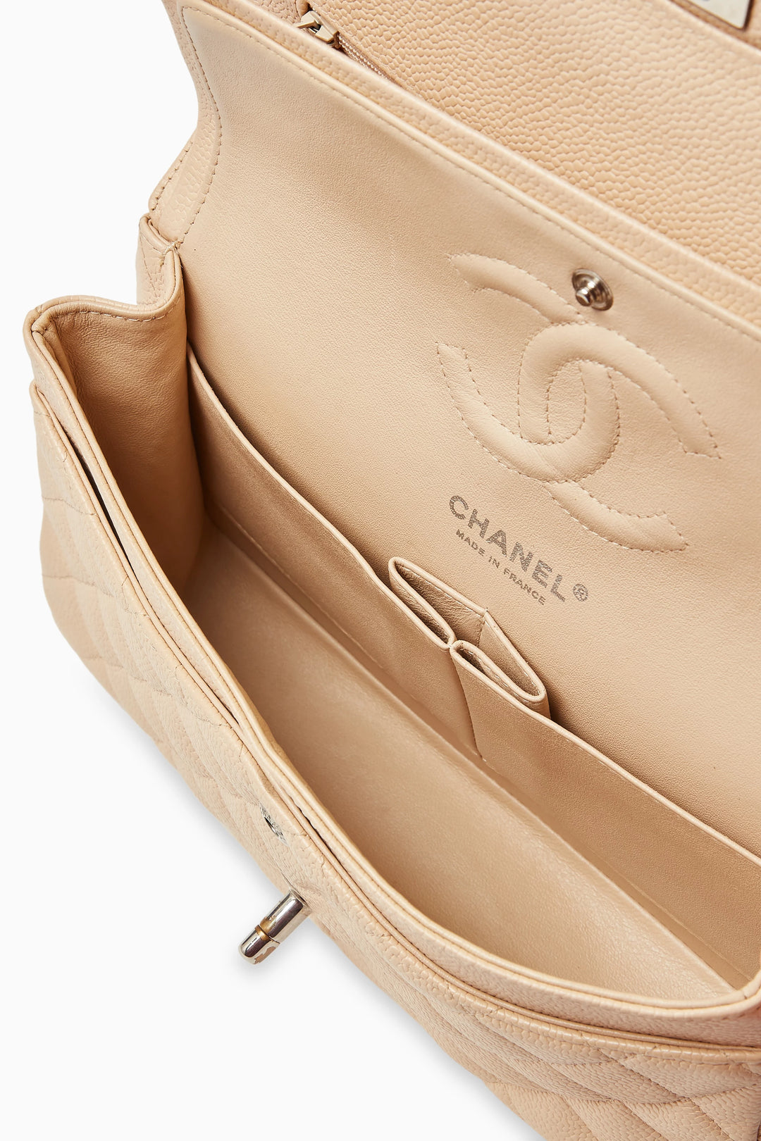 Chanel Classic Double Flap Medium Beige Caviar Leather Bag with Silver Hardware - Gemaee  UAE
