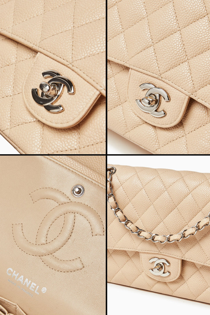 Chanel Classic Double Flap Medium Beige Caviar Leather Bag with Silver Hardware - Gemaee  UAE