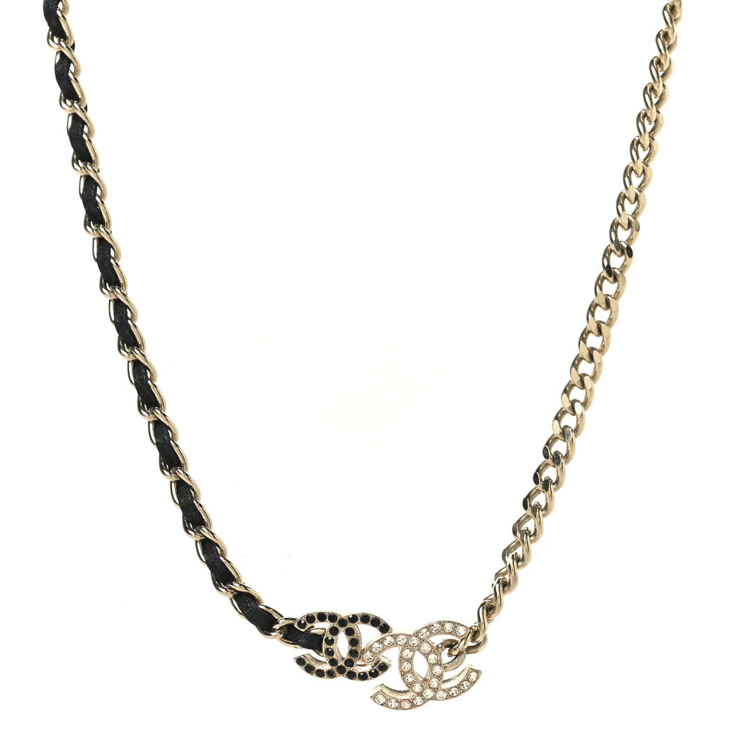 CHANEL Black Calfskin & Crystal Double CC Short Necklace with Gold-Tone Hardware