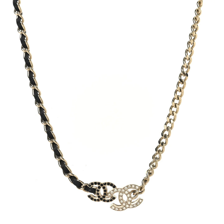 CHANEL Black Calfskin & Crystal Double CC Short Necklace with Gold-Tone Hardware
