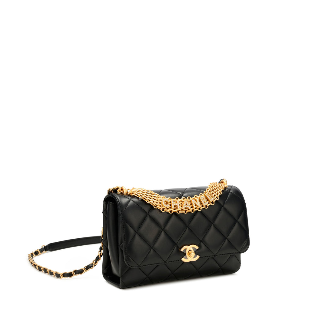 Chanel Small Classic Flap Bag in Black Quilted Lambskin with Strass and Gold-Tone Hardware