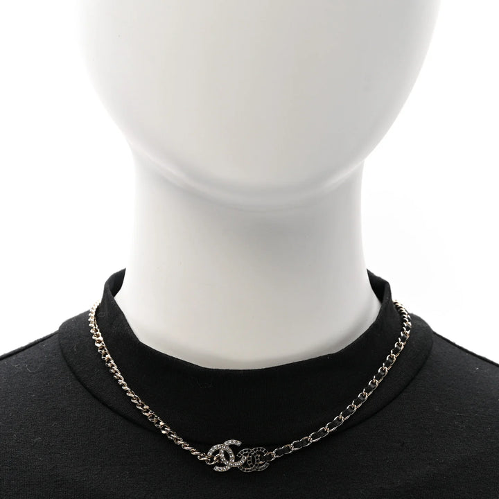 CHANEL Black Calfskin & Crystal Double CC Short Necklace with Gold-Tone Hardware