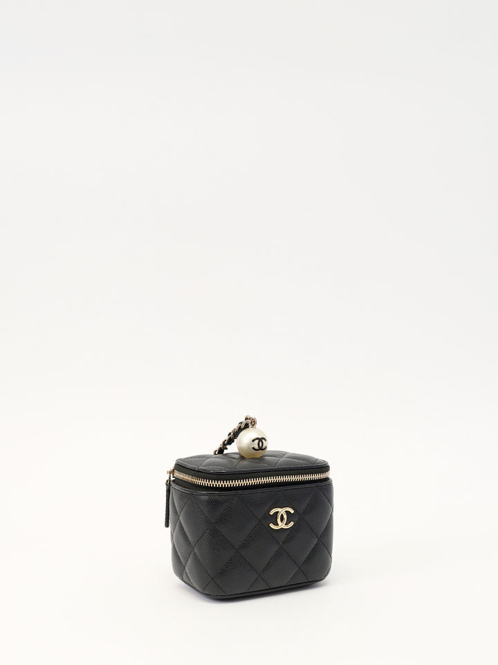 Chanel CC Pearl Mini Vanity Case Black Quilted Caviar Leather with Faux Pearl & Leather Top Handle and Gold-Tone Hardware