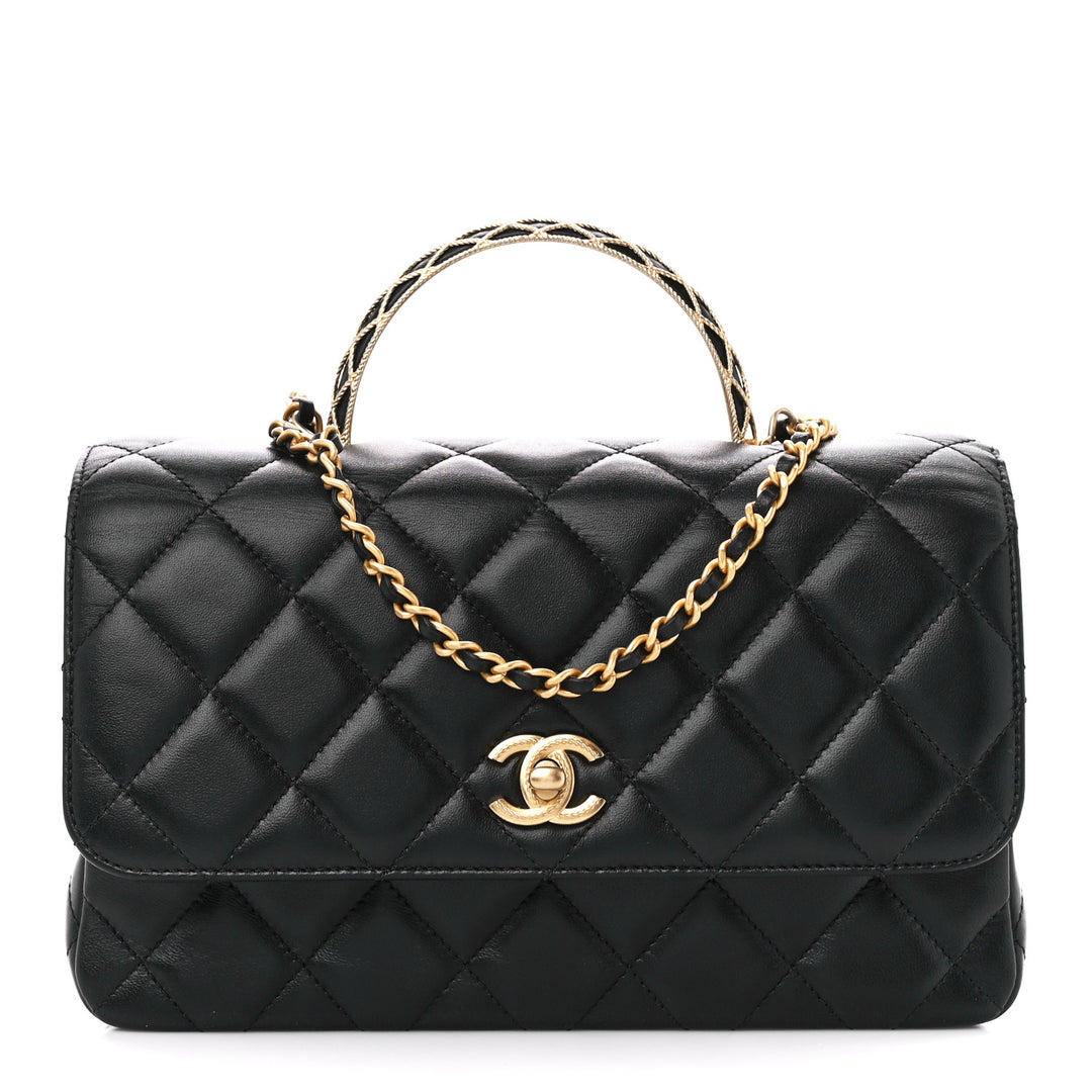 Chanel Lambskin Quilted Small Metal Top Handle Flap With Chain