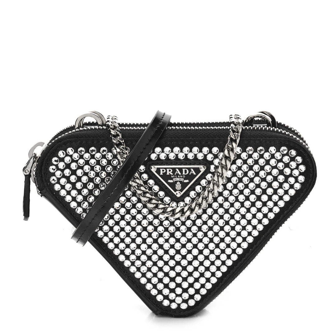 Prada Black Triangular Embellished Satin and Leather Mini-Pouch