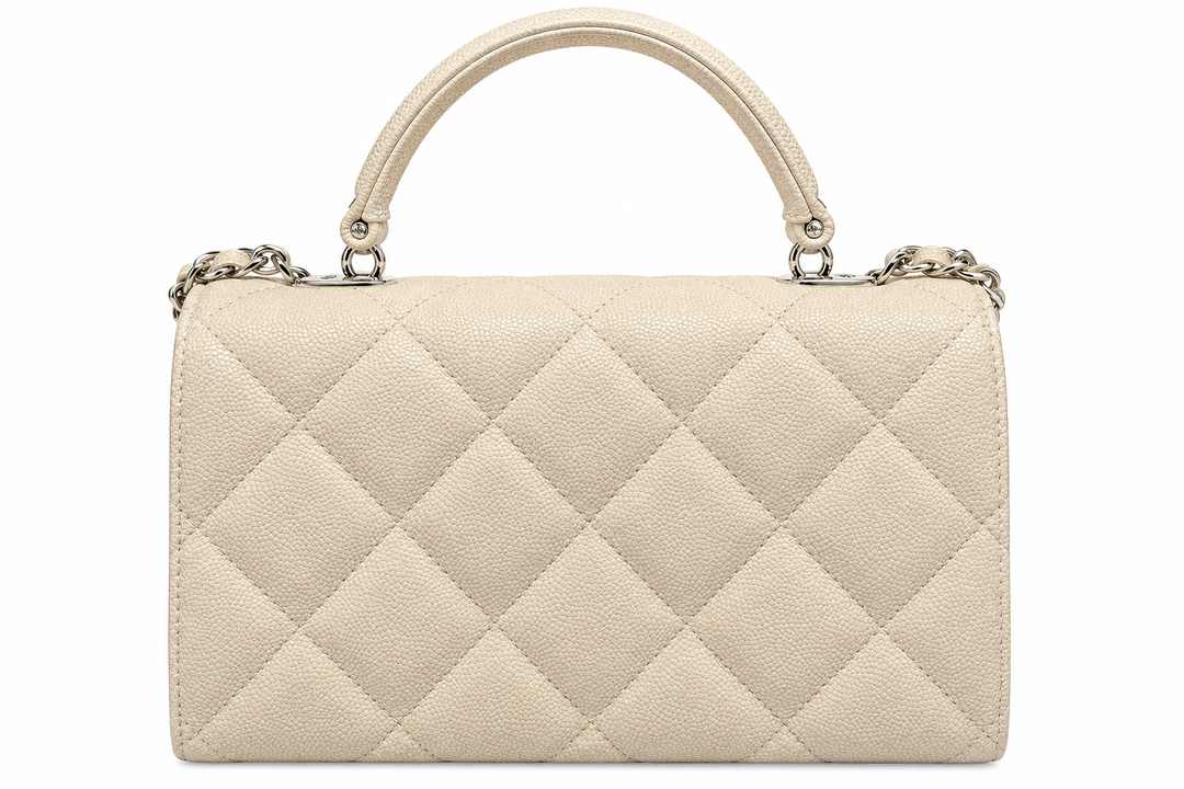 Chanel Mini Top Handle Flap Bag in Beige Quilted Caviar Leather with Champagne Gold Hardware