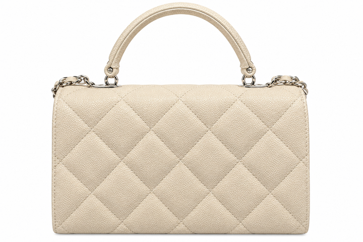 Chanel Mini Top Handle Flap Bag in Beige Quilted Caviar Leather with Champagne Gold Hardware