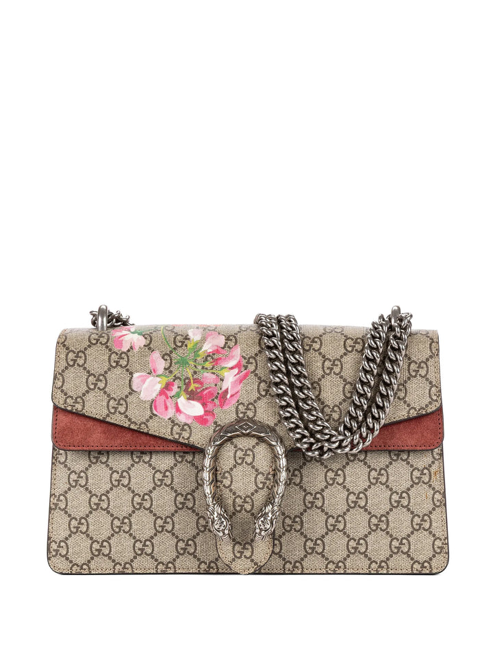 Gucci Dionysus Blooms Small Burgundy Beige GG Supreme Canvas Shoulder Bag with Antique Silver Tone Hardware