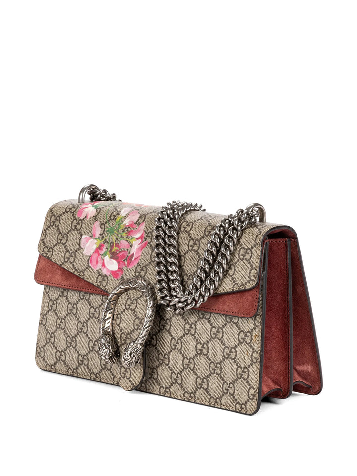 Gucci Dionysus Blooms Small Burgundy Beige GG Supreme Canvas Shoulder Bag with Antique Silver Tone Hardware