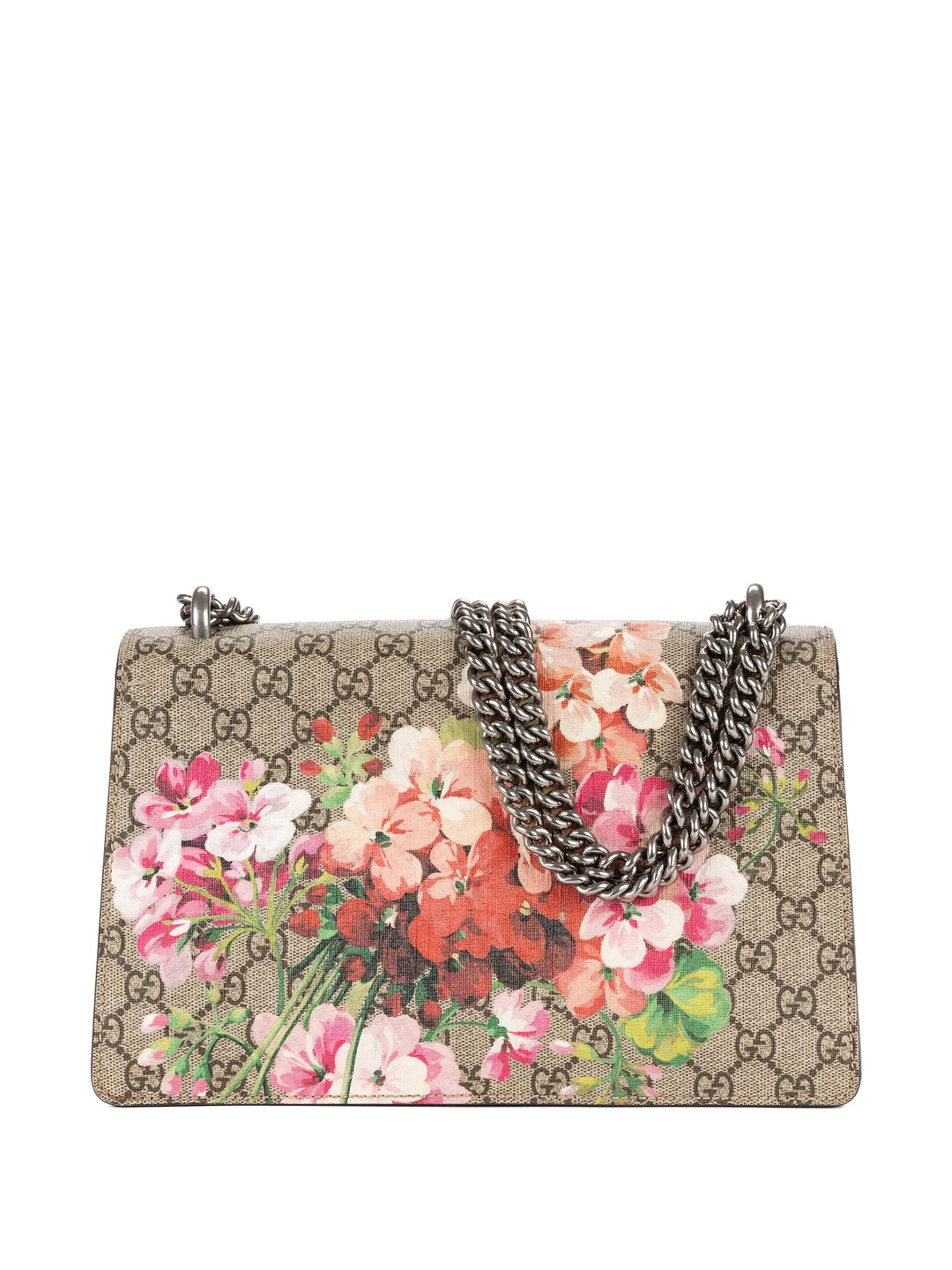 Gucci Dionysus Blooms Small Burgundy Beige GG Supreme Canvas Shoulder Bag with Antique Silver Tone Hardware