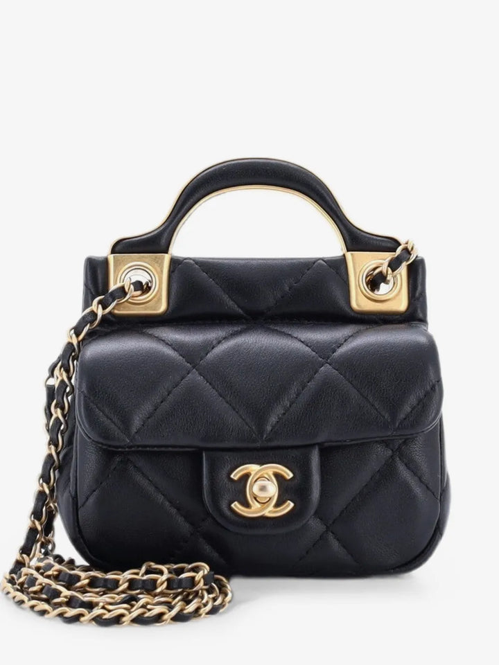 Chanel Black Lady Handle Flap Card Holder on Chain Quilted Calfskin Clutch Bag