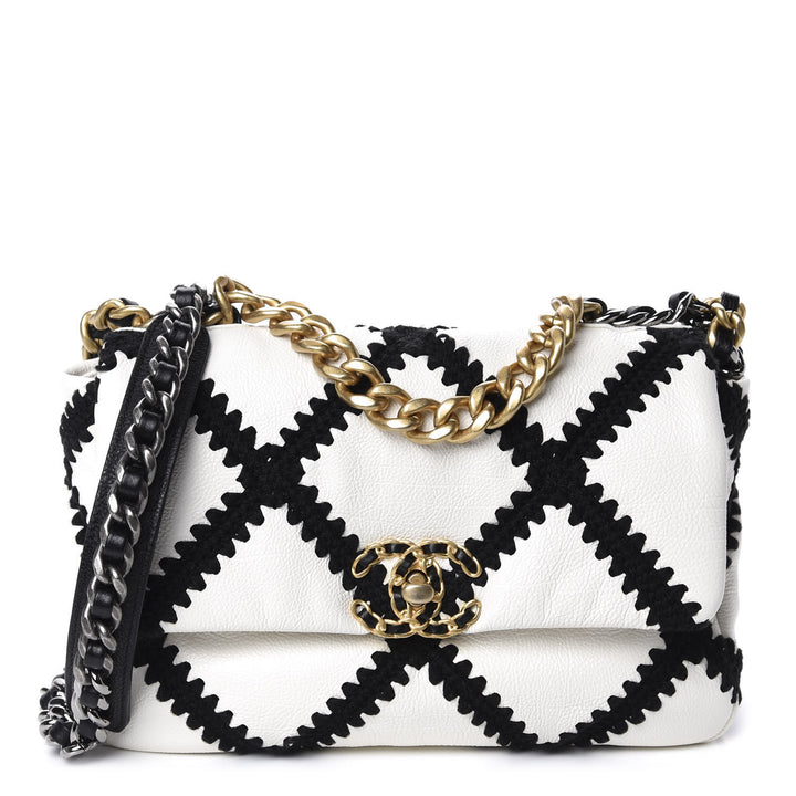 Chanel Calfskin Crochet Medium Chanel 19 Flap White Black Bag - Gemaee  UAE