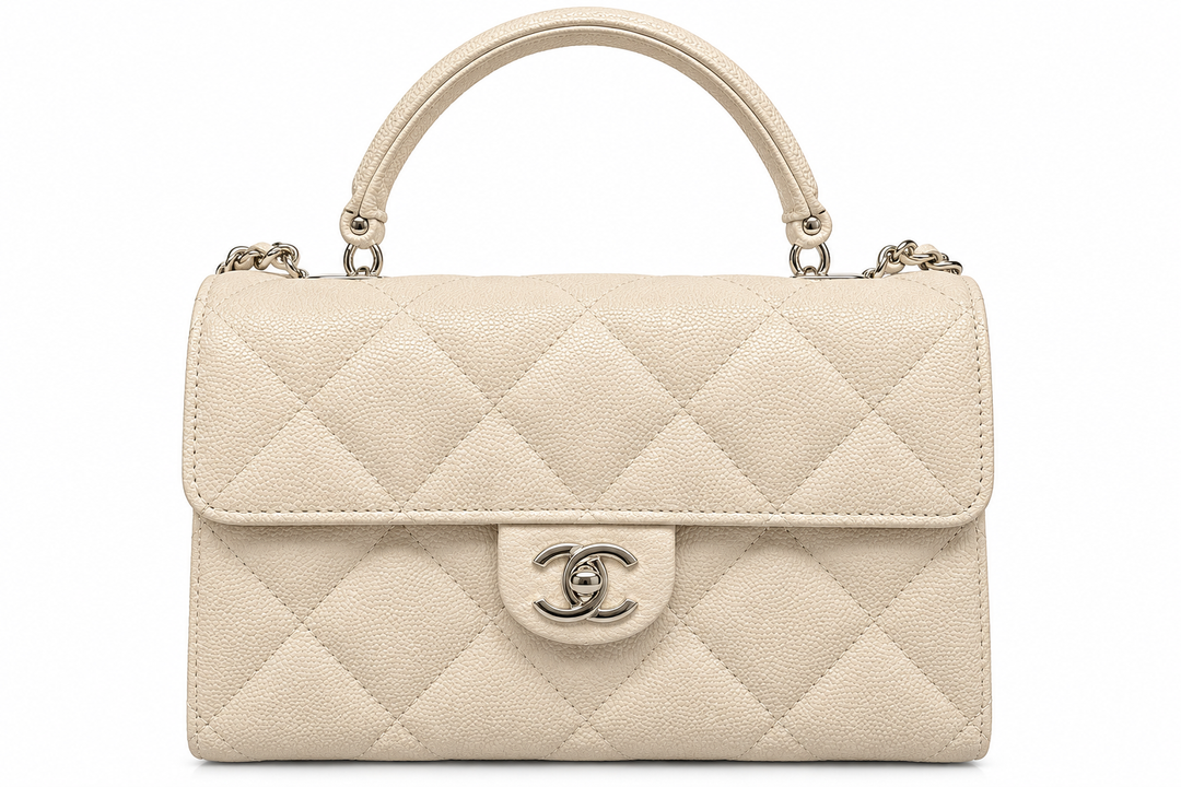 Chanel Mini Top Handle Flap Bag in Beige Quilted Caviar Leather with Champagne Gold Hardware
