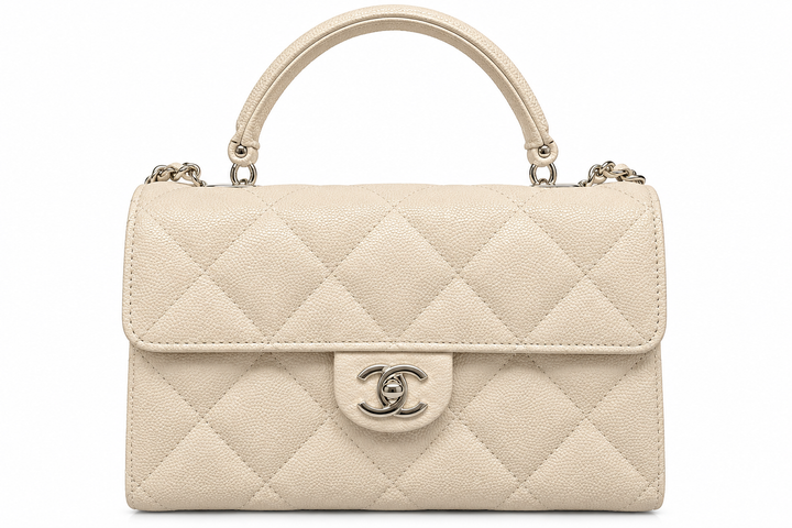 Chanel Mini Top Handle Flap Bag in Beige Quilted Caviar Leather with Champagne Gold Hardware