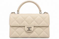 Chanel Mini Top Handle Flap Bag in Beige Quilted Caviar Leather with Champagne Gold Hardware