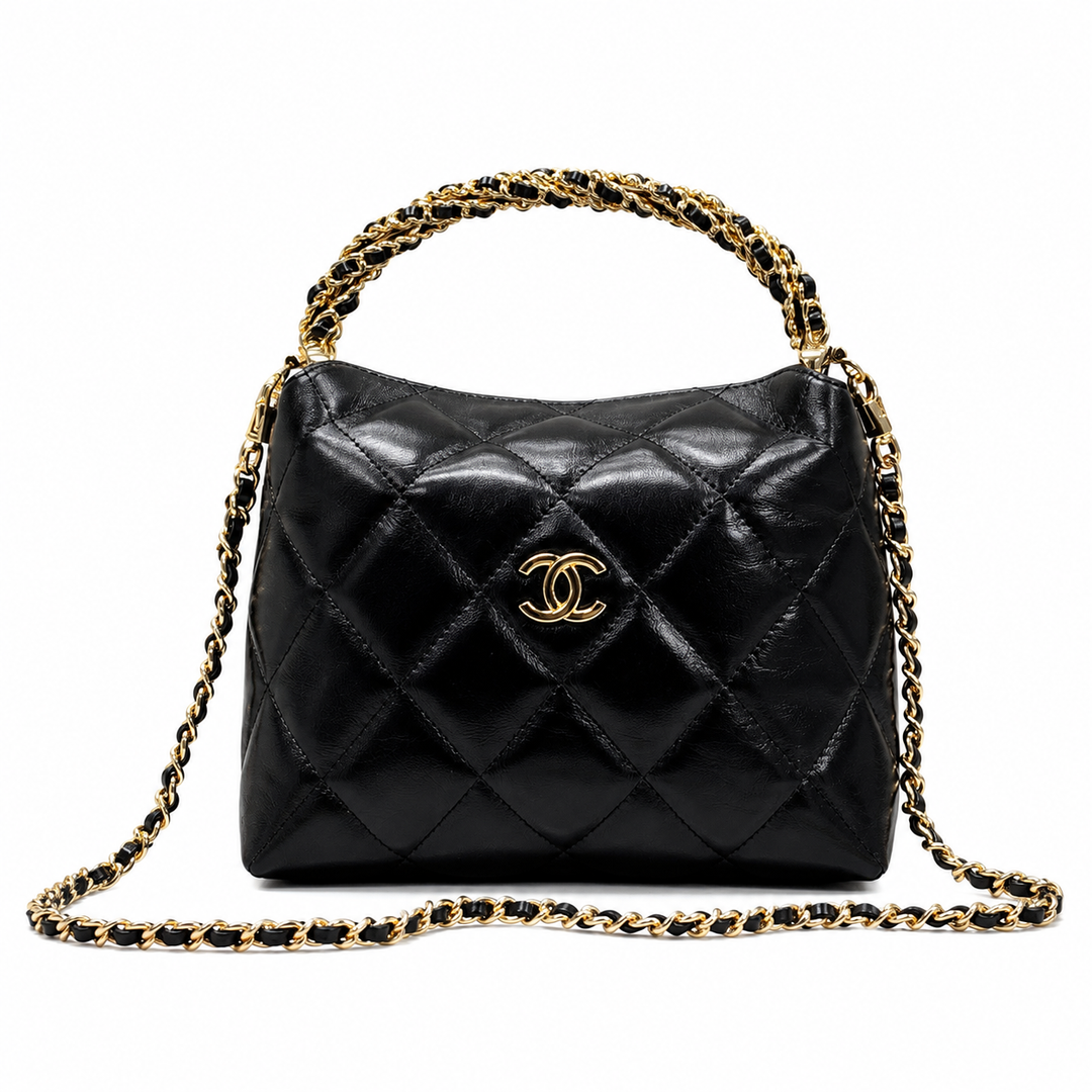 Chanel 24B Twist Chain Top Handle Hobo Lunch Box Bag in Black Lambskin with Gold-Tone Hardware