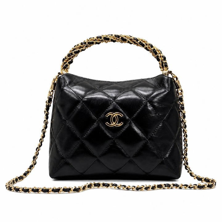 Chanel 24B Twist Chain Top Handle Hobo Lunch Box Bag in Black Lambskin with Gold-Tone Hardware