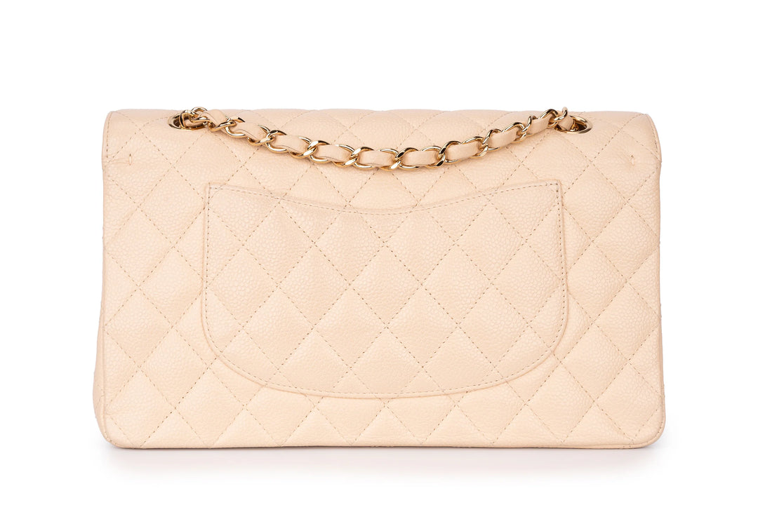 Chanel Classic Medium Double Flap Bag in Beige Caviar Leather with Light Gold Hardware