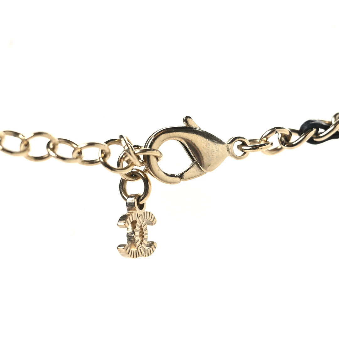 CHANEL Black Calfskin & Crystal Double CC Short Necklace with Gold-Tone Hardware